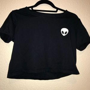 Navy Blue Crop Top With Alien Print Corner